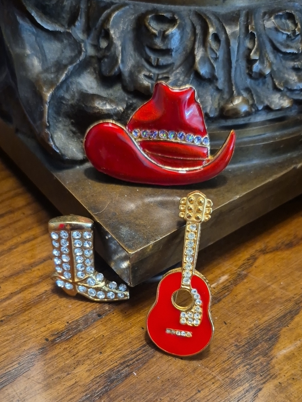 Vintage Red Guitar Cowboy Hat Cowboy Boot Enamel Brooch Western Bundle
